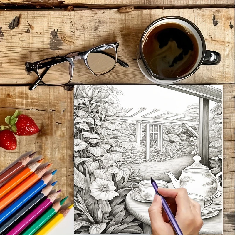 Tea In The Gardens Coloring Bo - Adult Coloring Book Stress Relief recension och pris